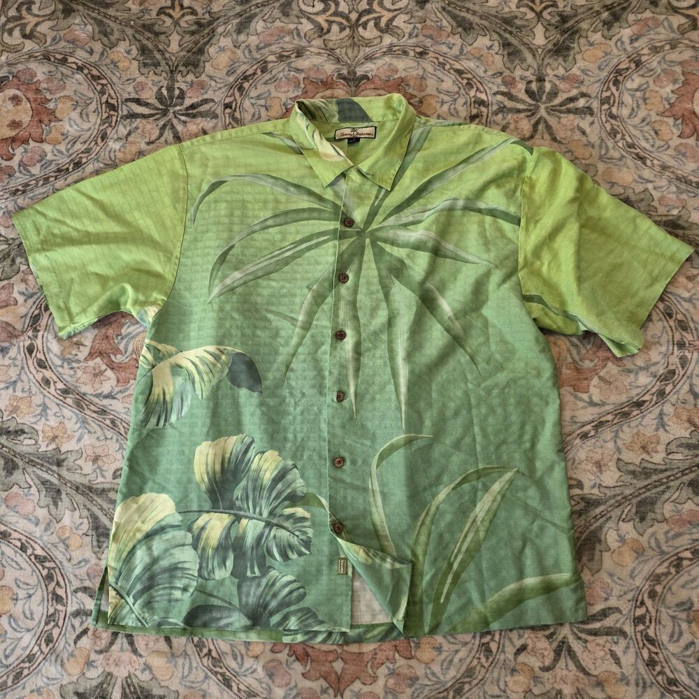 Tommy Bahama Shirt Mens Sz XL 100% Silk - Tropical Camp Palm casual Beach Green